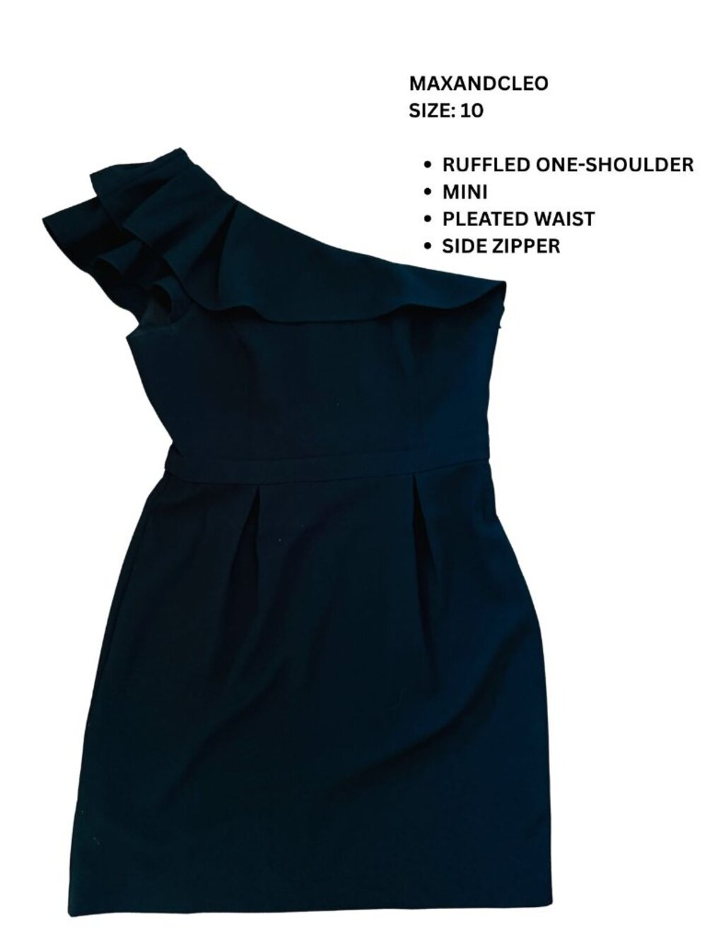 Max & Cleo Black One-Shoulder Ruffle Mini Dress. Size 10